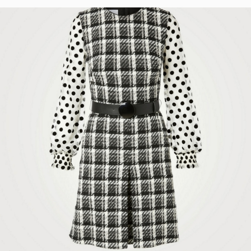 AKRIS Punto Black White Tweed Swiss Dot Sleeve Dress Size 4 - Picture 2 of 10